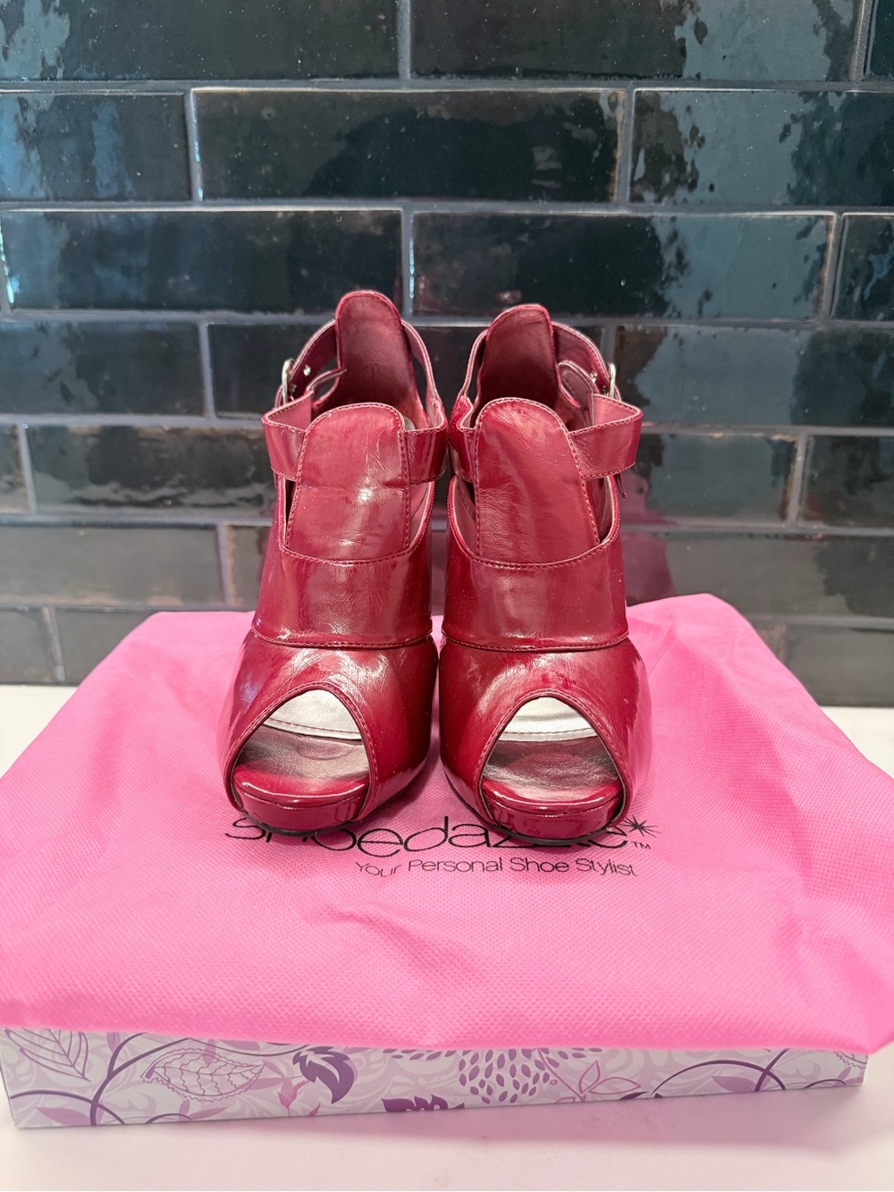 Shoe Dazzle Women's Red Peep-Toe Leather Heels with Ankle Strap